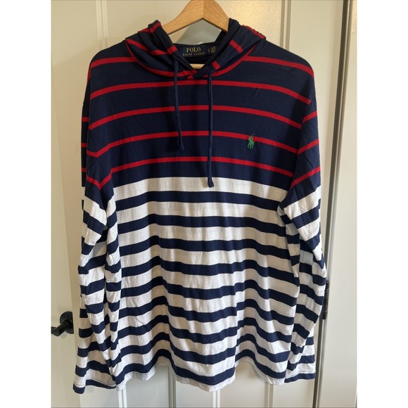 Polo Ralph Lauren Hooded T-Shirt Men L White Striped Supreme Comfort Pullover - Picture 1 of 6